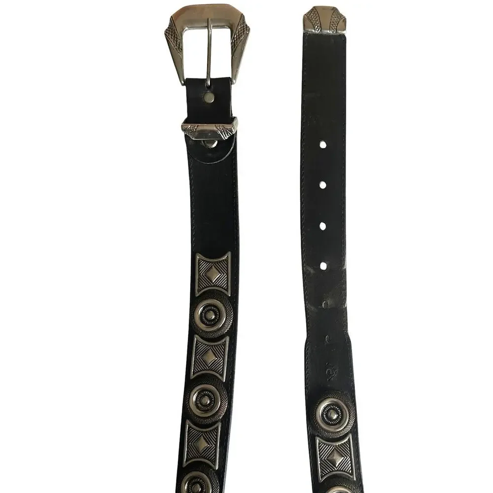 Black Leather Belt Mens Size 44 Metal Embellishments Gothic Punk Biker Heavy